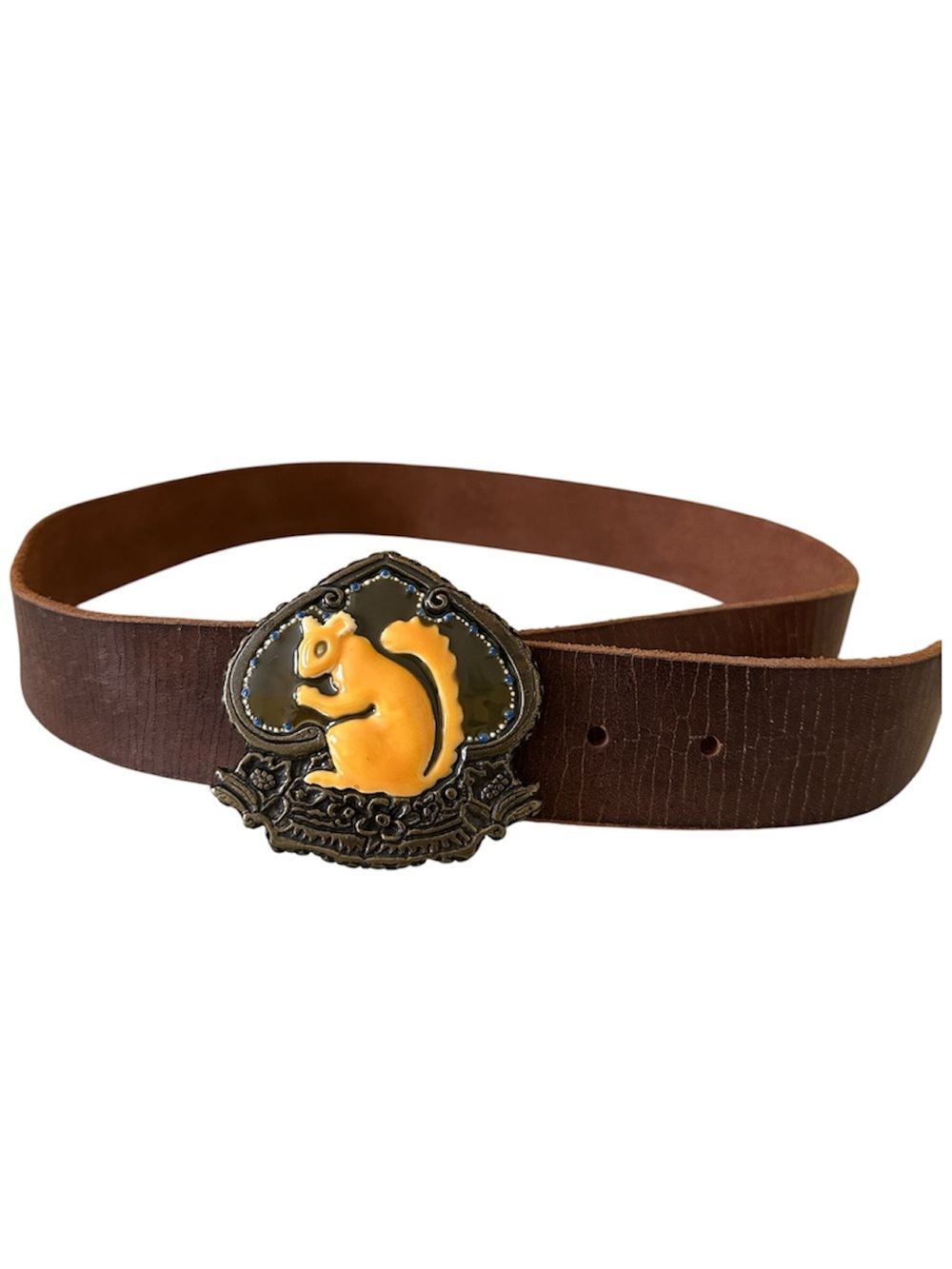 Lucky Brand Brown Distressed Leather Belt with Yellow Squirrel Buckle Size L